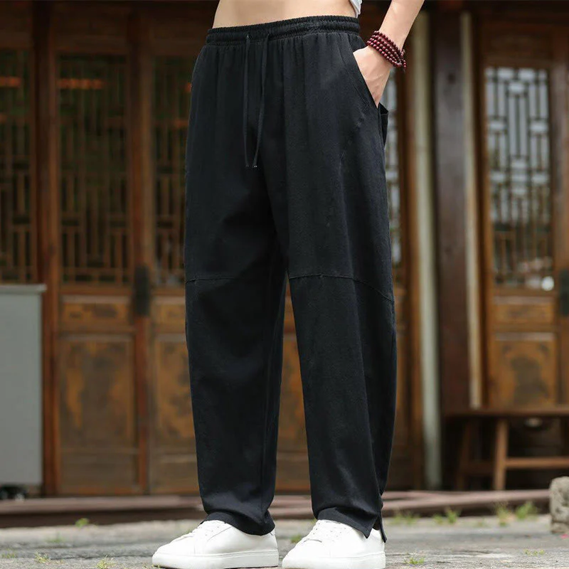 Buddha Stones Solid Drawstring Men's Elastic Waistband Cotton Linen Pants With Pockets