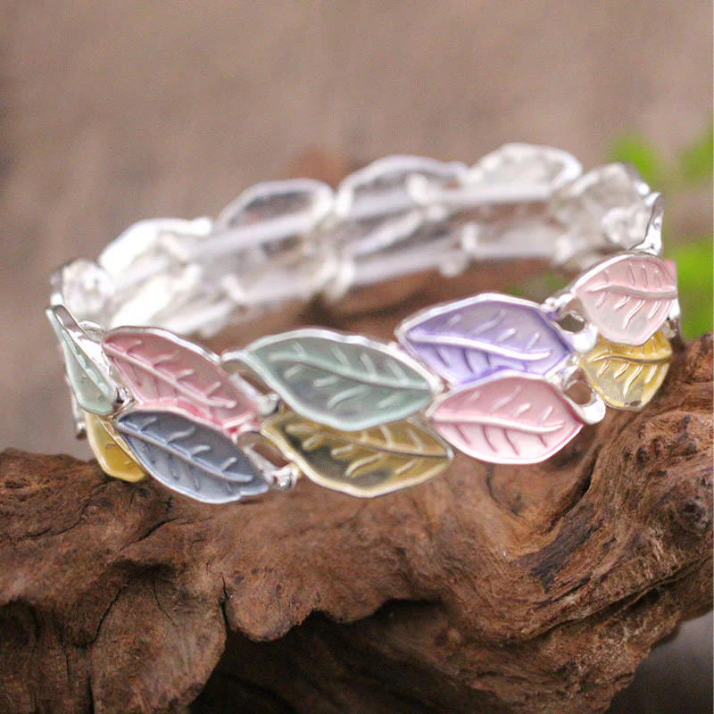 Buddha Stones Colorful Leaves Alloy Luck Elastic Bracelet Bangle