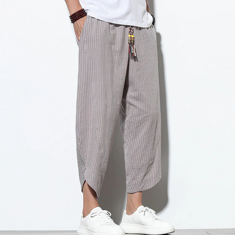 Buddha Stones Summer Stripes Pattern Drawstring Cotton Linen Men's 7-8 Length Harem Pants With Pockets
