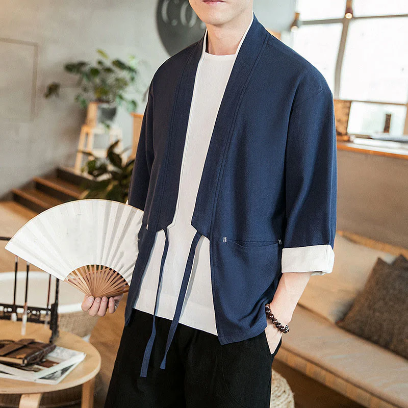 Buddha Stones Lace-Up Design Open Front Jacket Cotton Linen Men's Kimono With Pockets