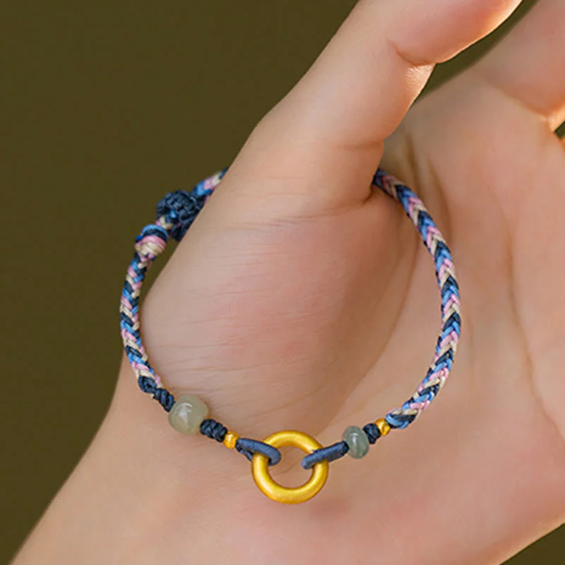 Buddha Stones 999 Sterling Silver Hetian Jade Knitted Hand Rope Luck Health Bracelet