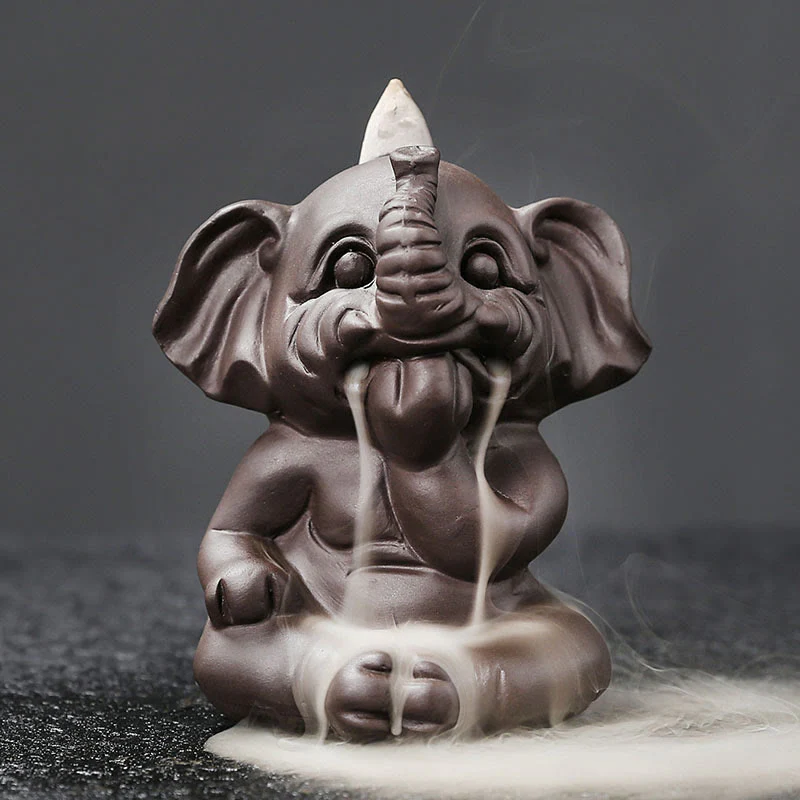 Buddha Stones Cute Elephant Purple Clay Backflow Smoke Fountain Peace Healing Incense Burner Decoration