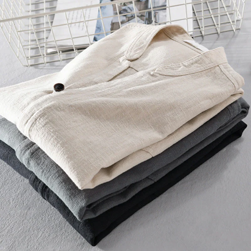 Buddha Stones Spring Daily Simple Buttons Design Stand Collar Men's Long Sleeve Cotton Linen Shirt With Pockets