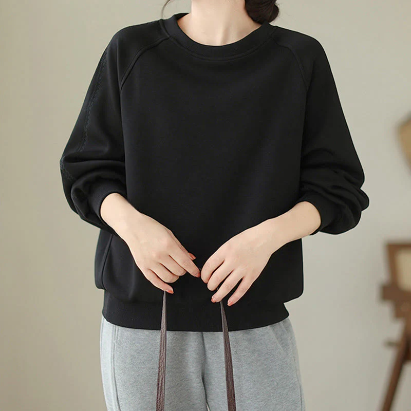 Buddha Stones Fall Plain Crew Neck Cotton Pullover Women's Sweatshirt