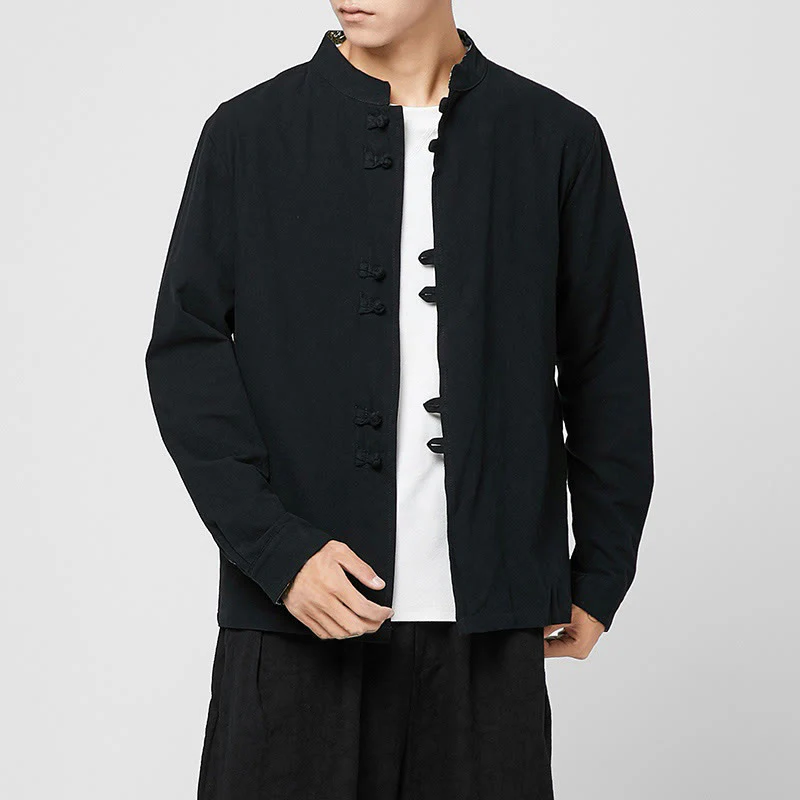 Buddha Stones Men's Frog-Button Dragon Pattern Cuffs Cotton Long Sleeve Shirt