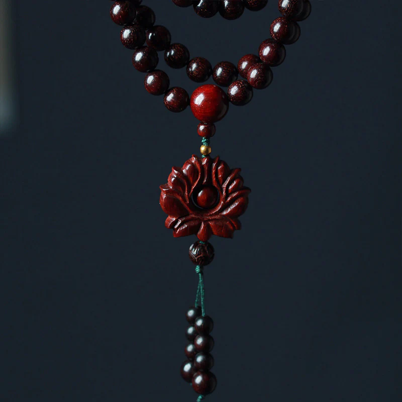 Buddha Stones Tibetan Small Leaf Red Sandalwood Lotus Mala Balance Bracelet