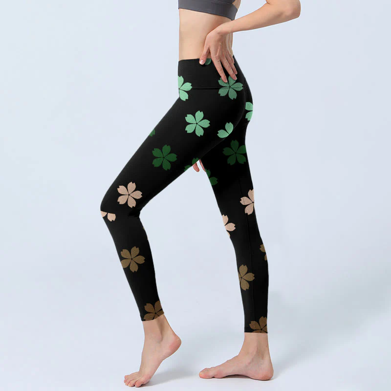 Buddha Stones Green Pink Five-petal Flowers Print Gym Leggings Women's Yoga Pants
