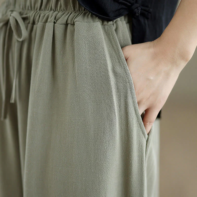 Buddha Stones Commute Plain Simple Lace-Up Design Women's Wide Leg Cotton Linen Pants With Pockets