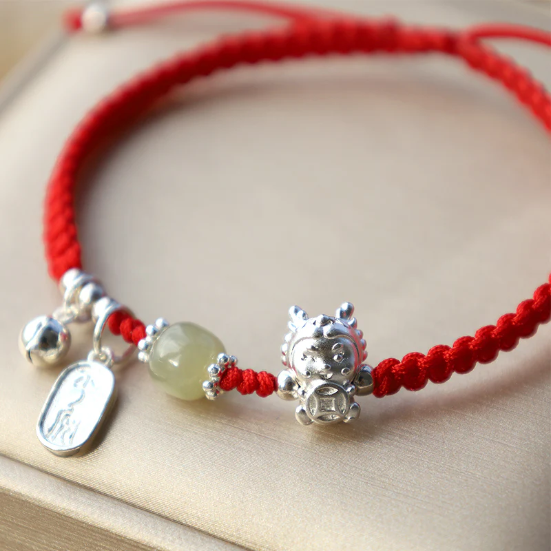 Buddha Stones Handmade Year Of The Dragon 999 Sterling Silver Hetian Jade Copper Coin Peace And Joy Protection Bracelet