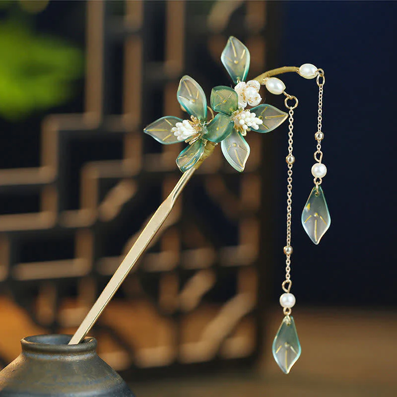 Buddha Stones Flower Leaf Pearl Peace Tassel Hairpin
