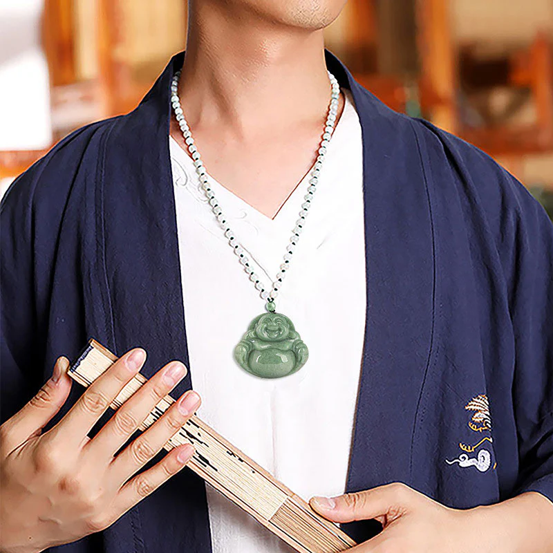 Buddha Stones Laughing Buddha Cyan Jade Harmony Necklace String Bead Pendant