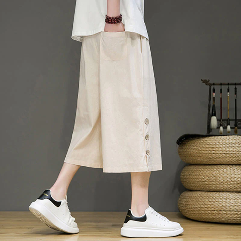 Buddha Stones Casual Plain Side Button Design Drawstring Men's Cotton Cropped Pants With Pockets