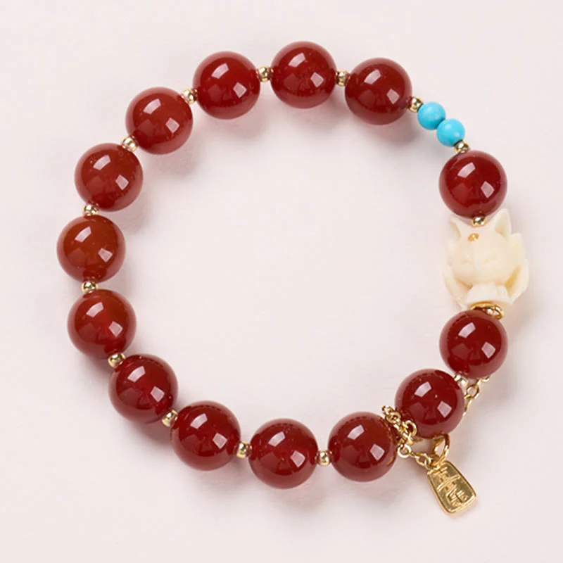 Buddha Stones Nine Tailed Fox Joy Red Agate Ivory Fruit Copper Plated Gold Confidence Bracelet