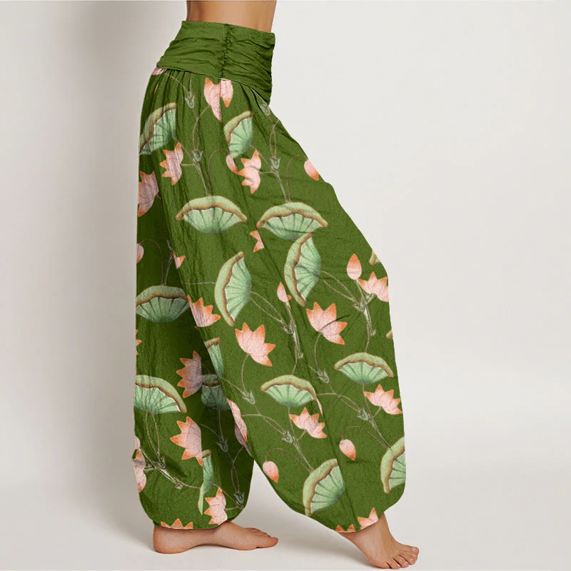 Buddha Stones Pink Lotus Flowers Lush Green Leaves Pattern Women's Elastic Waist Harem Pants