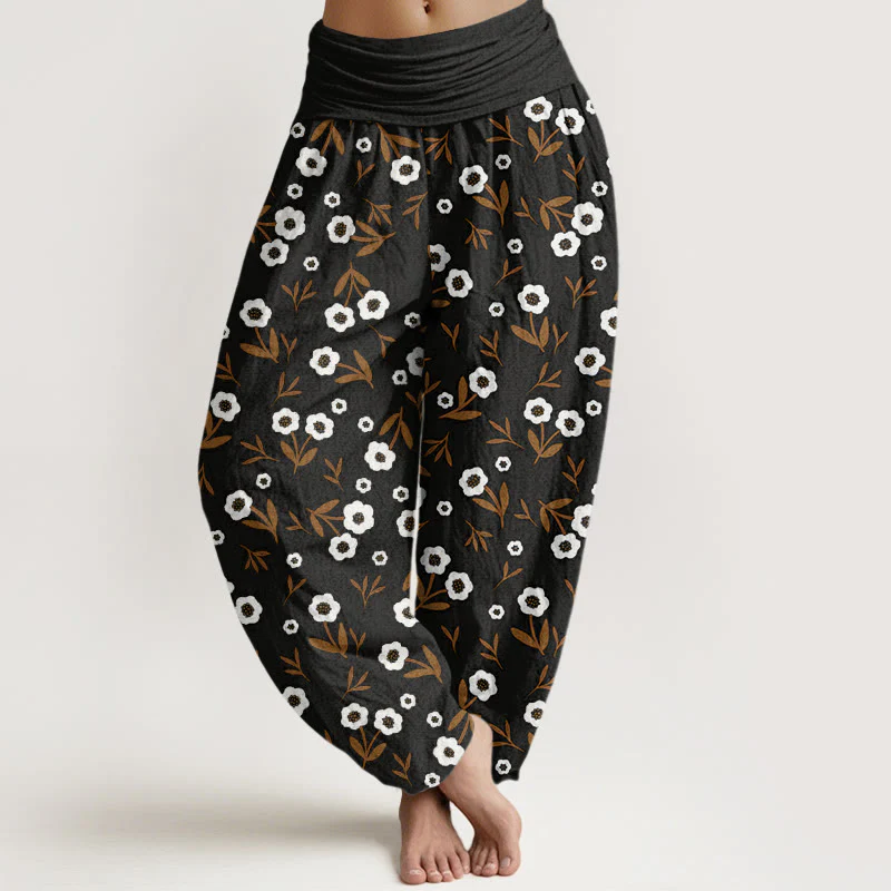 Buddha Stones Casual Simple Flowers Leaves Pattern Women's Elastic Waist Harem Pants
