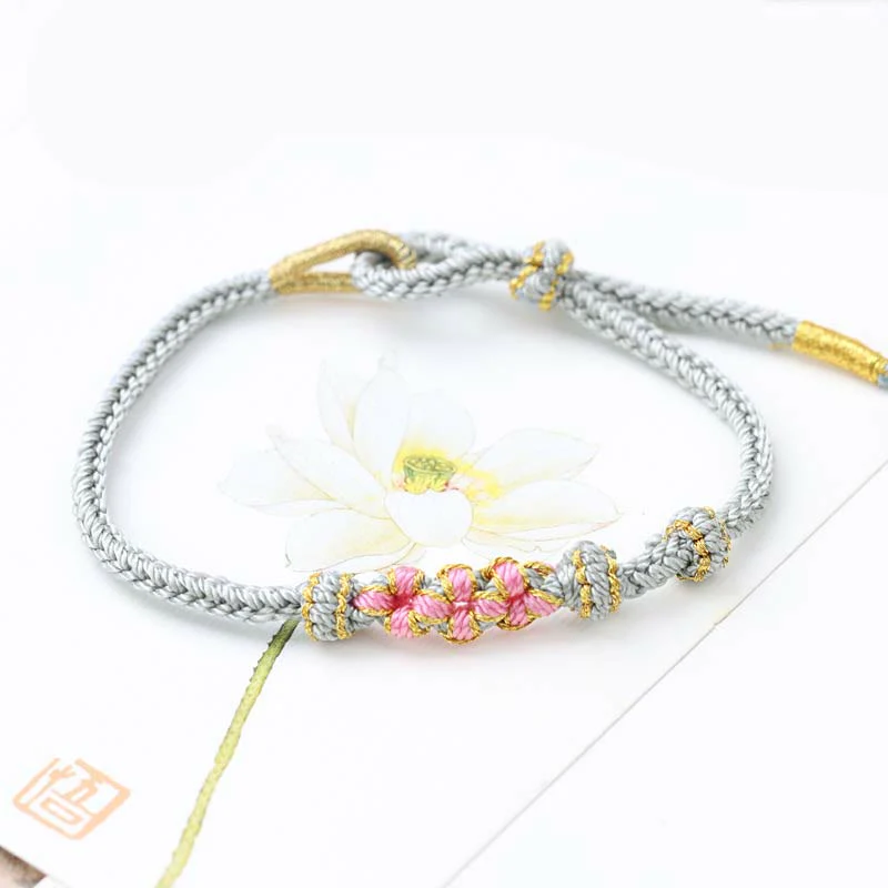 Buddha Stones Handmade Three Peach Blossoms Luck Eight Strands Braided String Bracelet