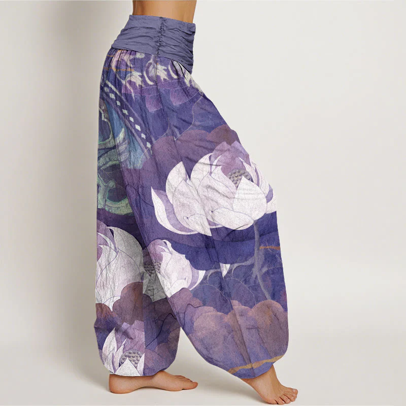 Buddha Stones White Lotus Leaves Pattern Casual Women's Elastic Waist Harem Pants