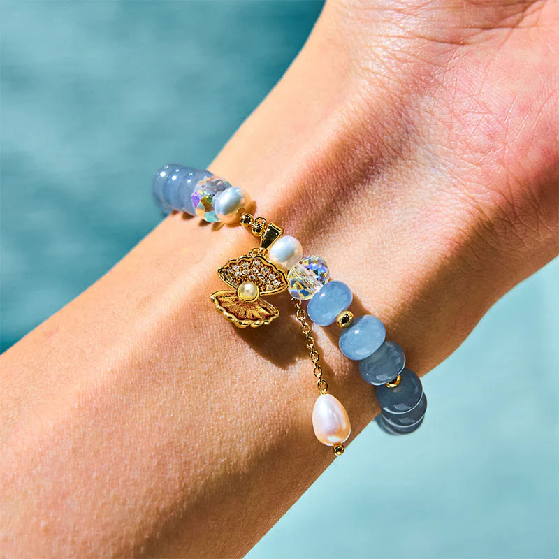 Buddha Stones Natural Aquamarine Pearl Shell Healing Bead Bracelet