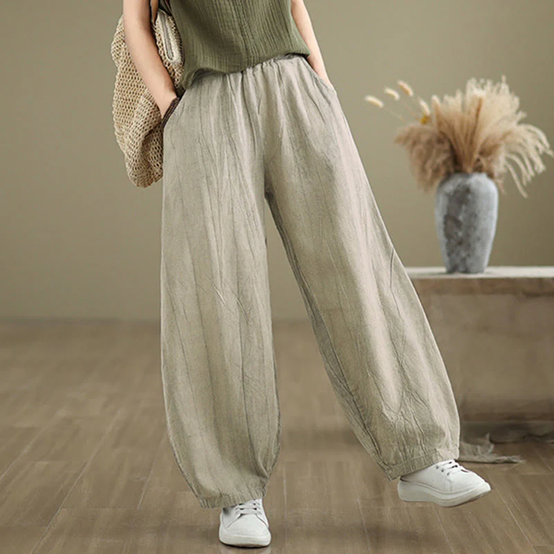 Buddha Stones Casual Plain Women's Cotton Linen Harem Pants With Pockets