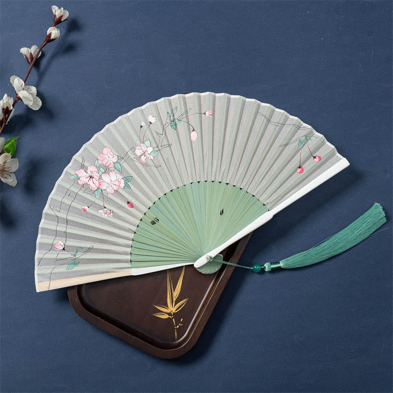 Buddha Stones Lotus Begonia Flower Jasmine Handheld Bamboo Folding Fan 21cm