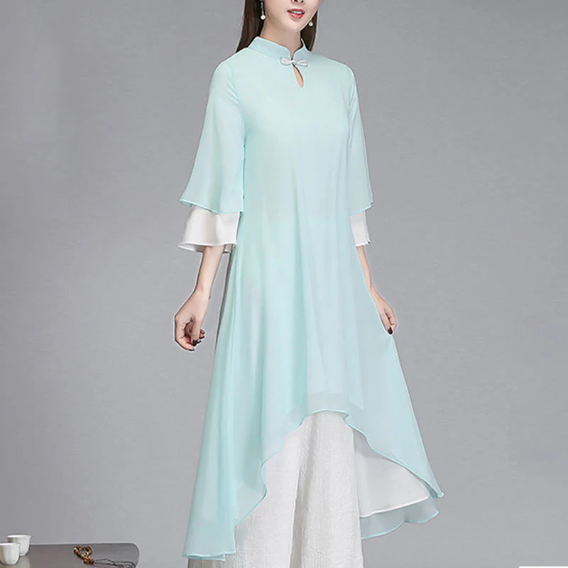 Buddha Stones Solid Women's Three Quarter Sleeve Chiffon Irregular Shirt Dress Wide Leg Pants Meditation Clothing