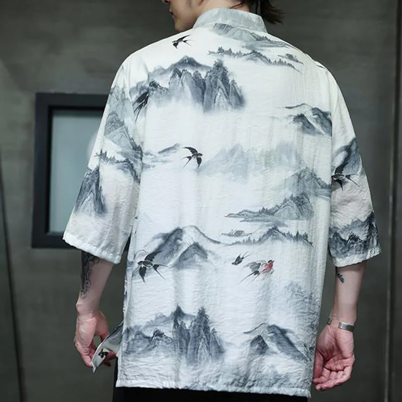 Buddha Stones Ink Painting Mountains Chinese Frog-Button Tang Suit Men's Half Sleeve Cotton Linen Shirt