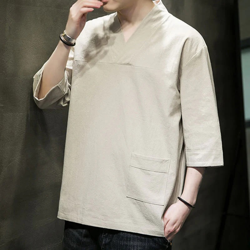 Buddha Stones Summer Casual Simple V-Neck Design Men's Cotton Linen Three Quarter Sleeve T-Shirt With Front Pocket