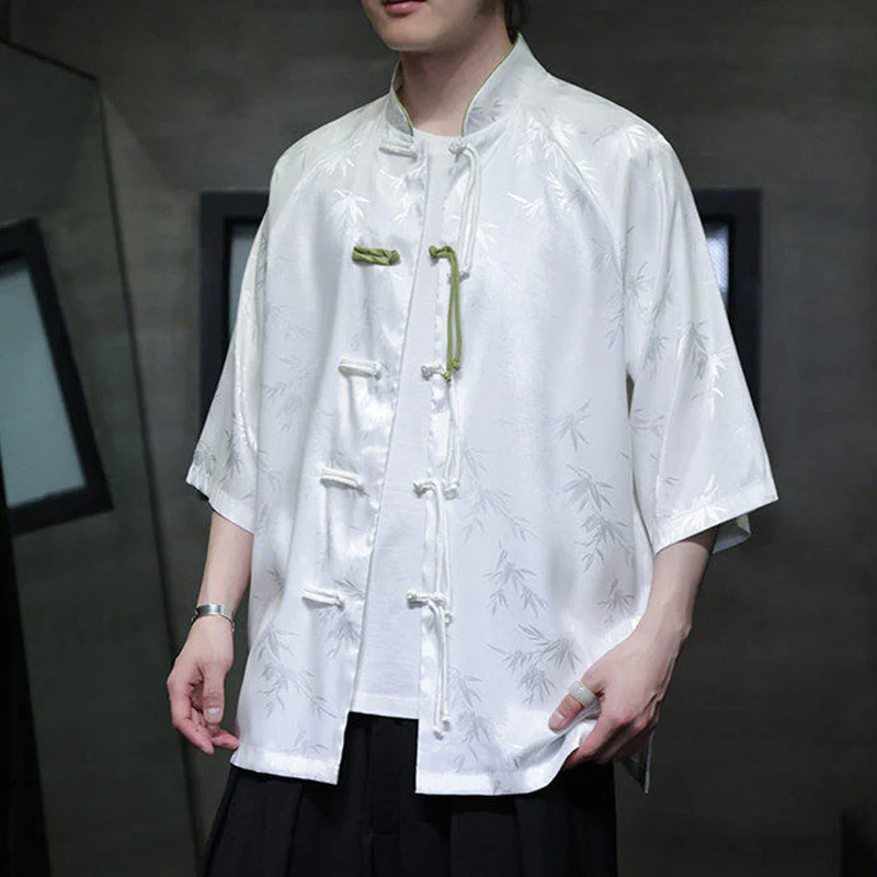 Buddha Stones Jacquard Bamboo Pattern Chinese Frog-Button Stand Collar Tang Suit Men's Cotton Shirt