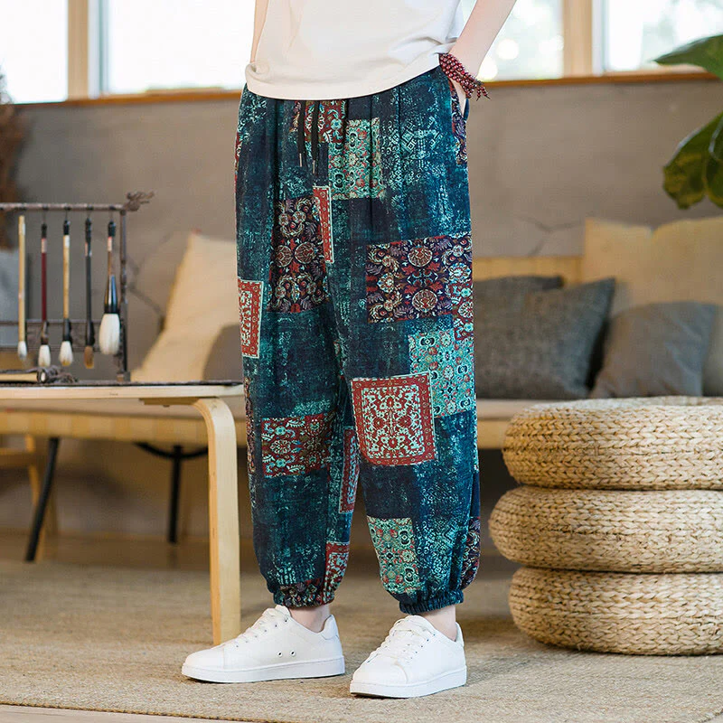 Buddha Stones Summer Square Patchwork Cotton Linen Men's Ankle-Length Harem Pants With Pockets