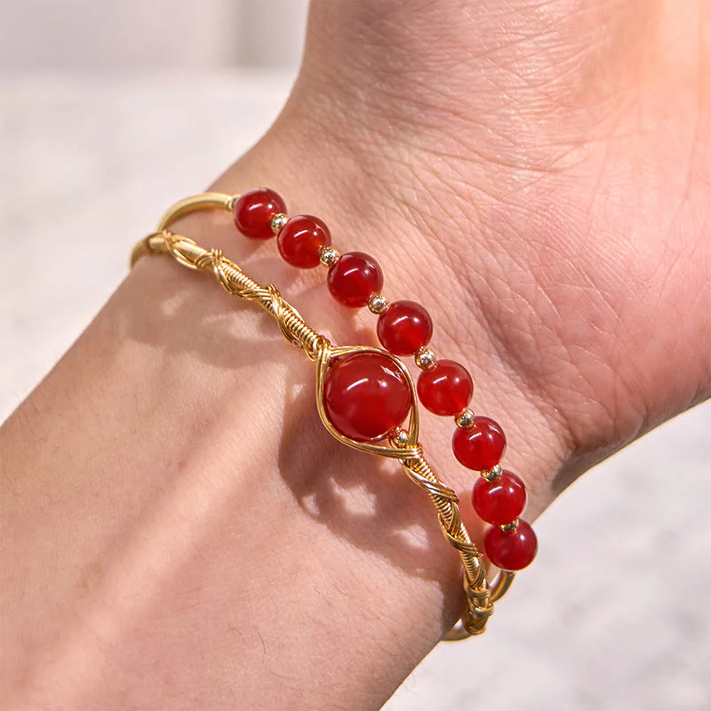 Buddha Stones 14K Gold Filled Copper Natural Red Agate Beads Confidence Metal Cuff Bracelet Bangle