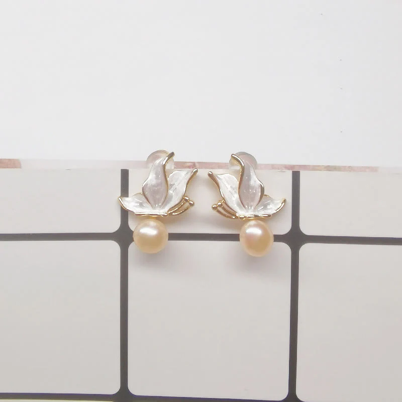 Buddha Stones 925 Sterling Silver Posts Copper Plated Gold Natural Pearl Bead Butterfly Wisdom Stud Earrings