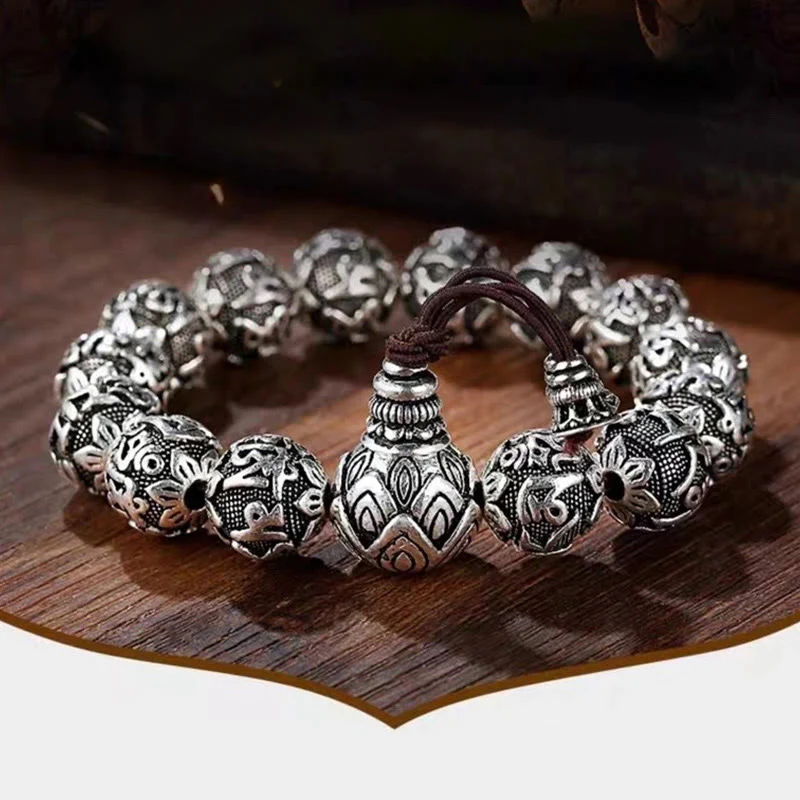 Buddha Stones Tibetan Om Mani Padme Hum Carved Alloy Beads Amulet Bracelet (Extra 35% Off | USE CODE: FS35)