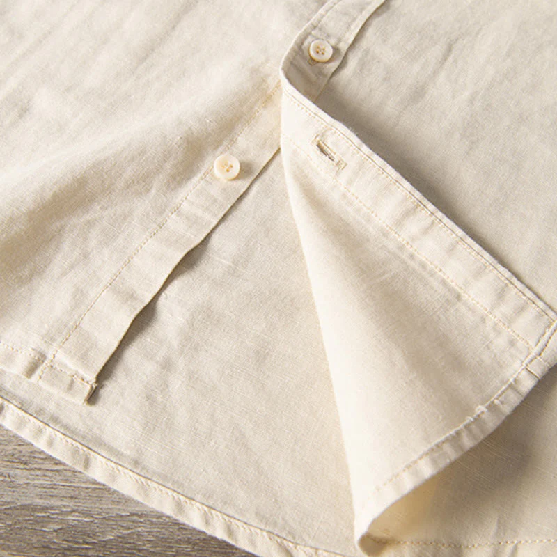 Buddha Stones Casual Daily Simple Buttons Design Stand Collar Men's Short Sleeve Cotton Linen Shirt With Front Pockets