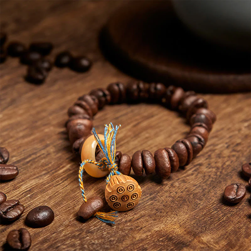 Buddha Stones Natural Lotus Seedpod Coffee Beans Wenge Wood Bodhi Seed Bracelet