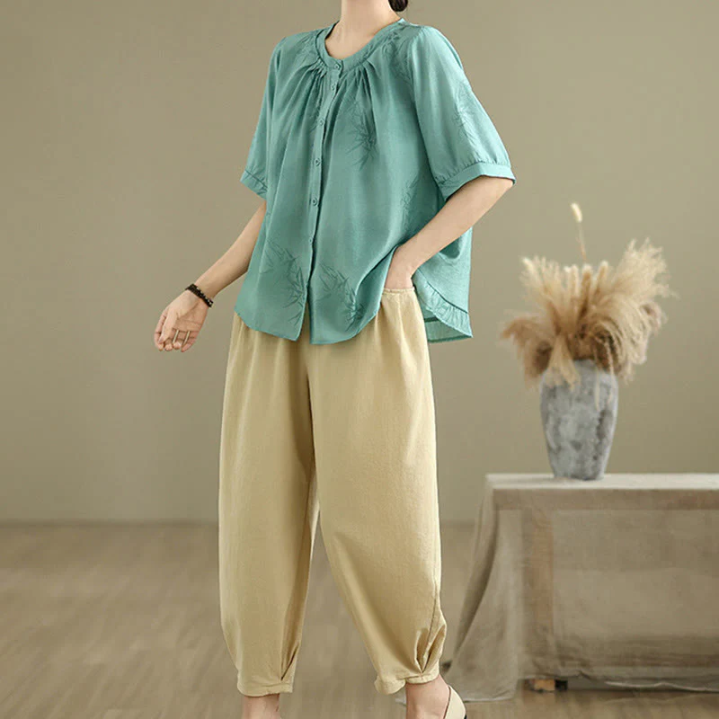 Buddha Stones 2pcs Casual Women's Short Sleeve Shirt Harem Pants Meditation Clothing Set