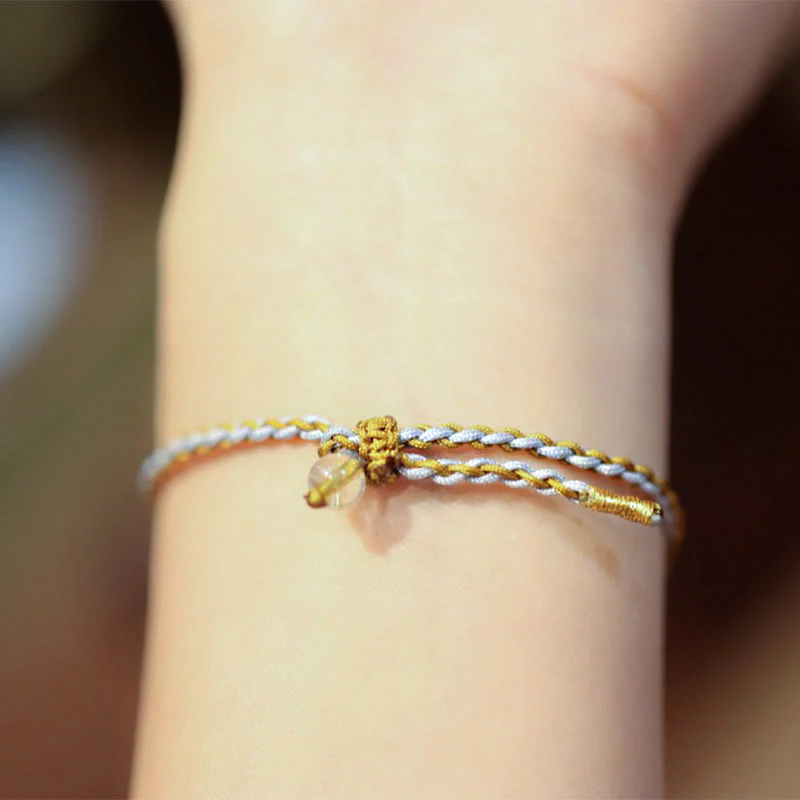 Buddha Stones 925 Sterling Silver Natural Jade Gourd Rutilated Quartz Fu Character Luck Braid Bracelet