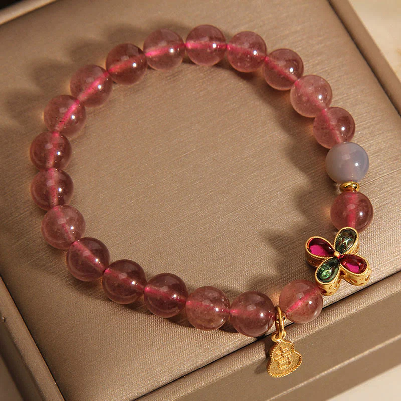 Buddha Stones Strawberry Quartz Four-leaf Clover Lucky Gourd Healing Bracelet