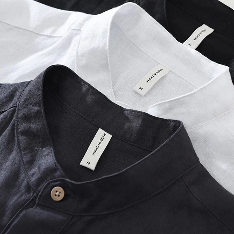 Buddha Stones Summer Half Buttons Design Lapel Men's Short Sleeve Linen Shirt With Pocket