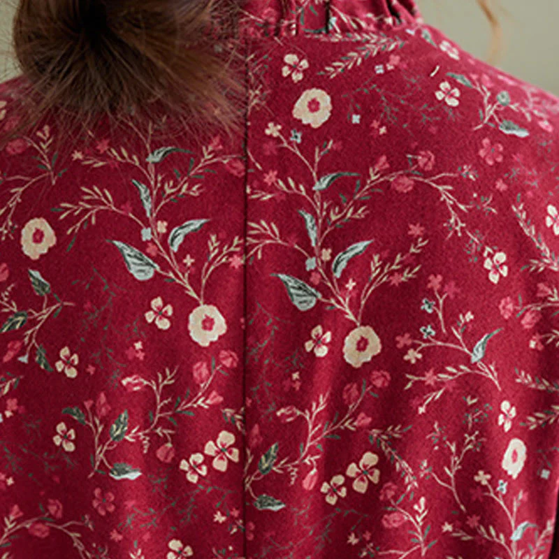 Buddha Stones Ethnic Printing Drawstring Long Sleeve Cotton Linen Midi Dress With Pockets