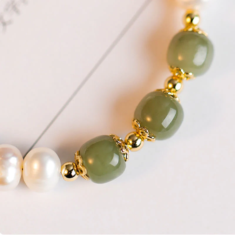 Buddha Stones 14K Gold Plated Natural Pearl Hetian Cyan Jade White Jade Sincerity Bead Chain Bracelet