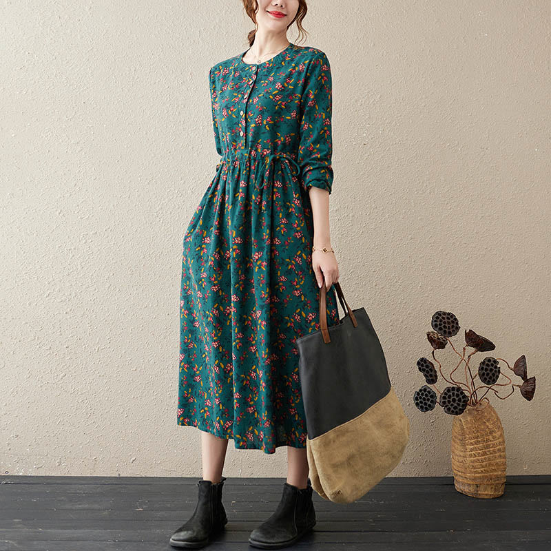 Buddha Stones Casual Ethnic Printing Floral Buttons Design Cotton Linen Midi Dress With Pockets