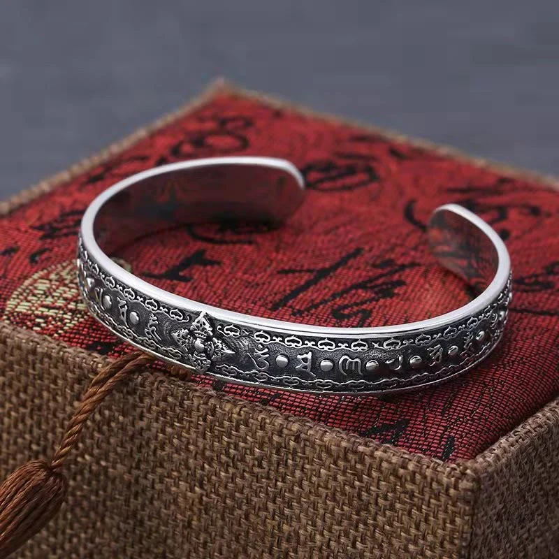 Buddha Stones 925 Sterling Silver Om Mani Padme Hum Double Dorje Engraved Wisdom Cuff Bracelet Bangle
