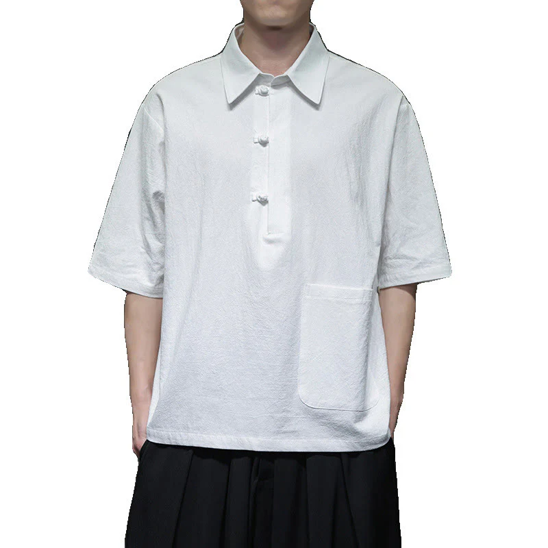 Buddha Stones Commute Plain Half Buttons Design Men's Cotton Linen Shirt With Pocket