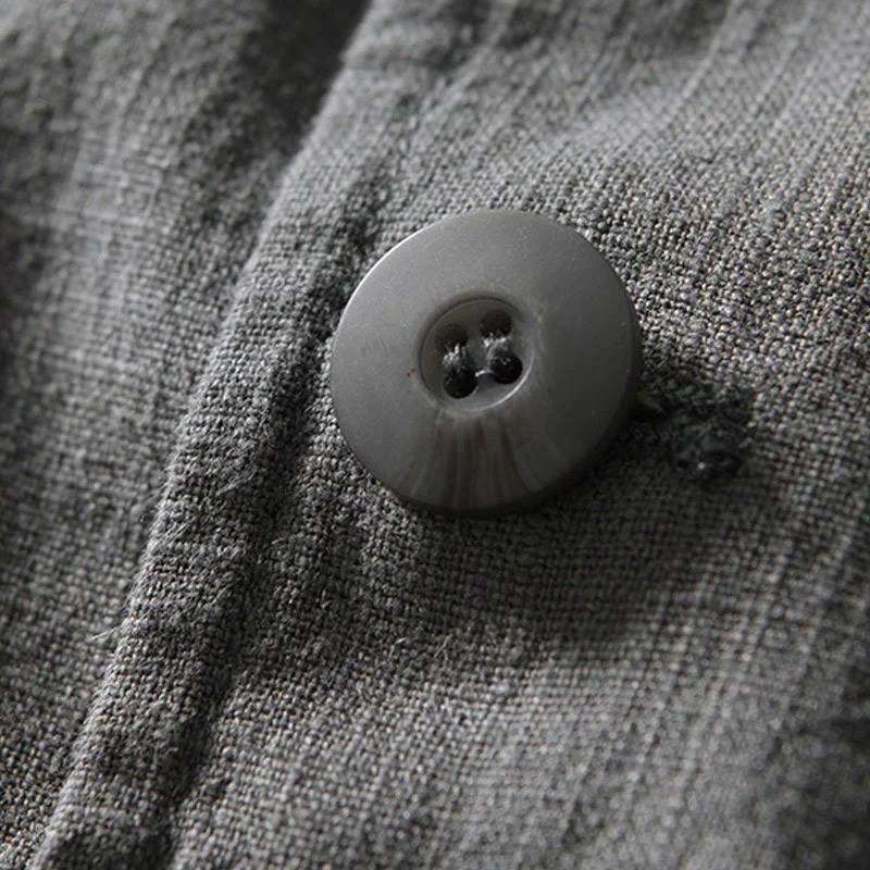 Buddha Stones Long Sleeve Button Placket Design Men's Cotton Linen Jacket Shirt With Pockets