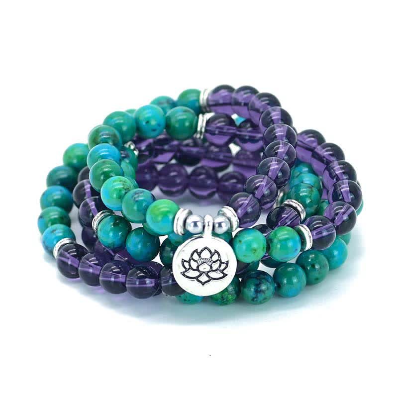 Buddha Stones Amethyst Green Aventurine Spiritual Lotus Charm Bracelet