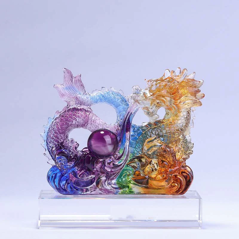 Buddha Stones Year of the Dragon Handmade Dragon Playing With Pearl Ingot Liuli Crystal Art Piece Protection Home Office Decoration