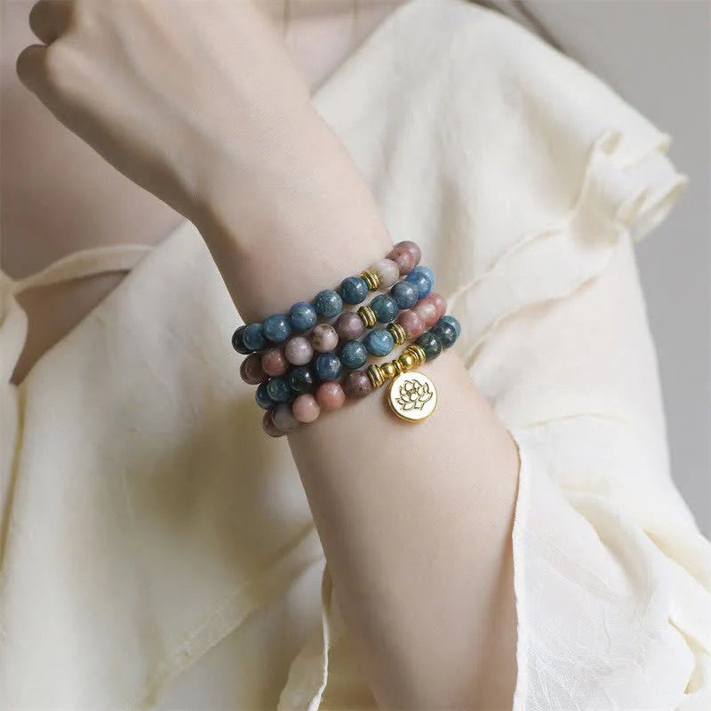 Buddha Stones Lazurite Picasso Jasper Amazonite Rhodonite Apatite Positive Lotus Prayer Bead Bracelet