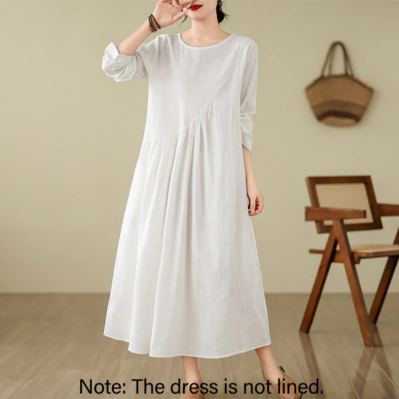 Buddha Stones Plain Jacquard Flower Irregular Design Cotton Linen Midi Dress With Pockets