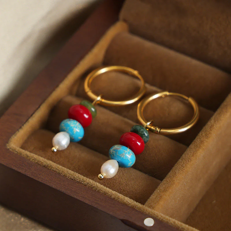 Buddha Stones Tibetan Marnyi Stone Design Natural Red Agate Pearl Confidence Titanium Steel Earrings