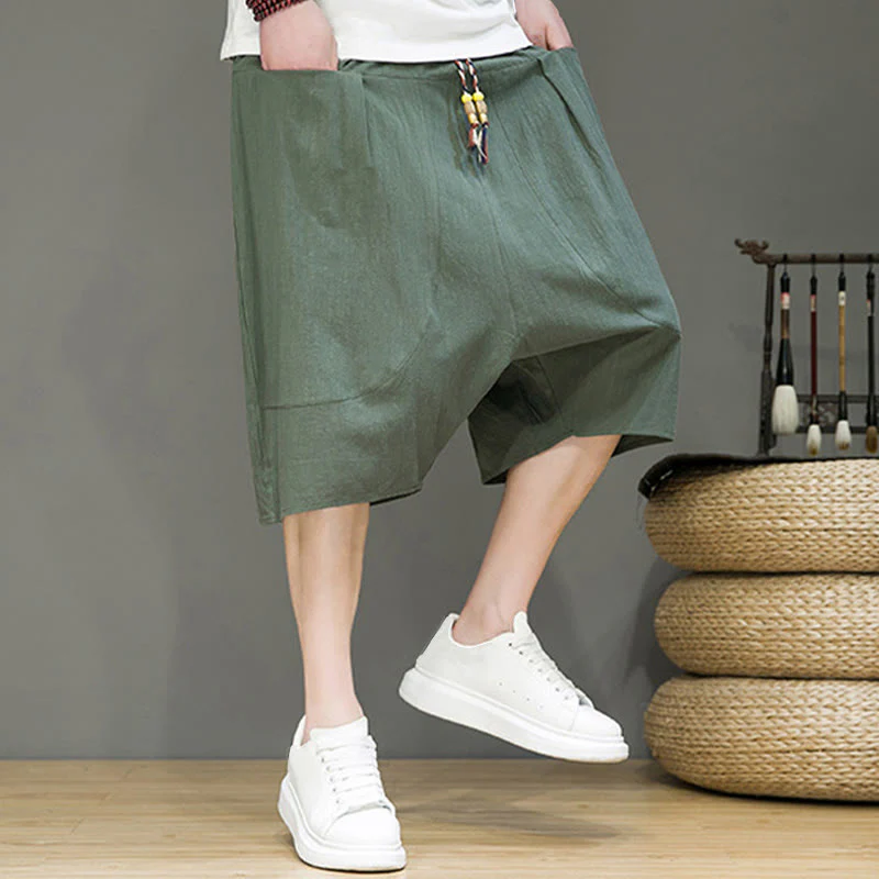 Buddha Stones Casual Drawstring Cotton Linen Men's Capri Harem Pants With Pockets